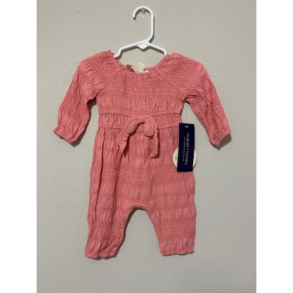 NWT Mabel + Honey Baby Girl‎ Pink Romper 3 Months Bow Smocked Textured